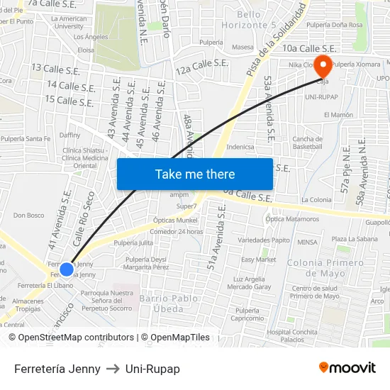 Ferretería Jenny to Uni-Rupap map