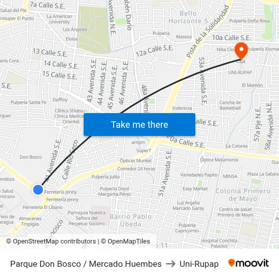 Parque Don Bosco / Mercado Huembes to Uni-Rupap map
