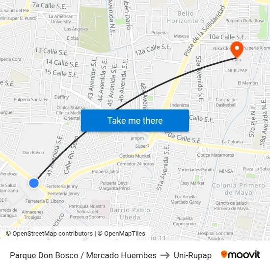Parque Don Bosco / Mercado Huembes to Uni-Rupap map