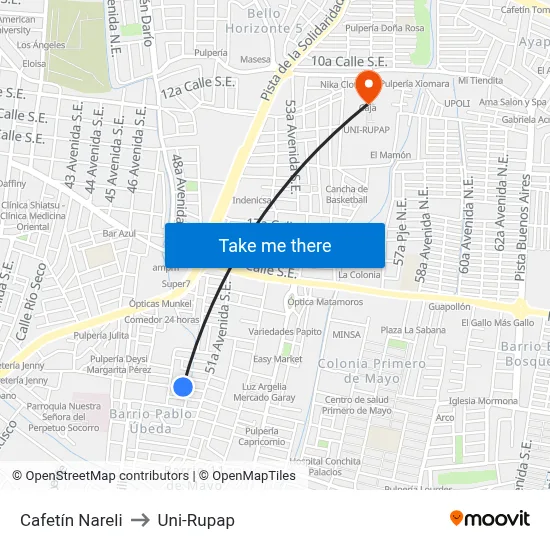 Cafetín Nareli to Uni-Rupap map