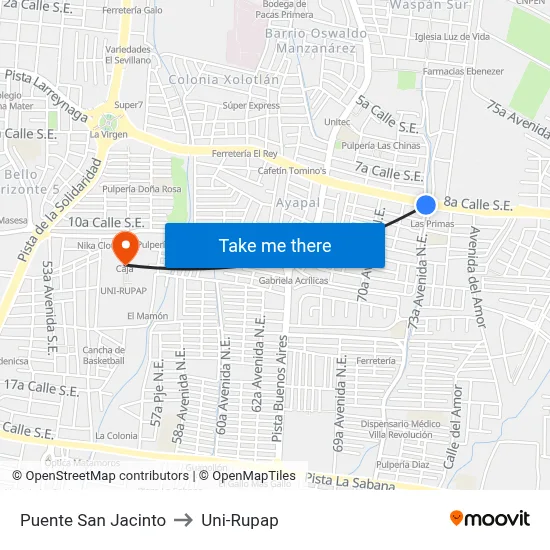Puente San Jacinto to Uni-Rupap map
