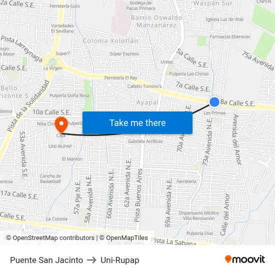 Puente San Jacinto to Uni-Rupap map