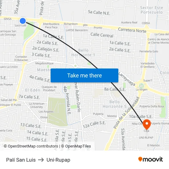 Palí San Luis to Uni-Rupap map