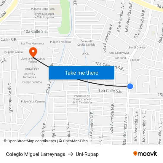 Colegio Miguel Larreynaga to Uni-Rupap map