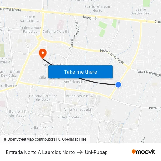 Entrada Norte A Laureles Norte to Uni-Rupap map