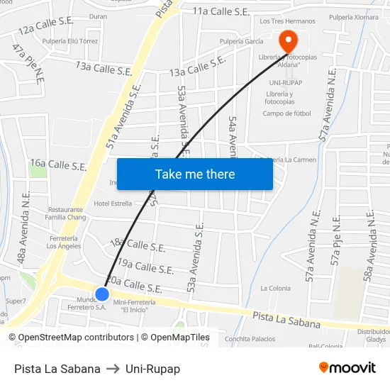 Pista La Sabana to Uni-Rupap map