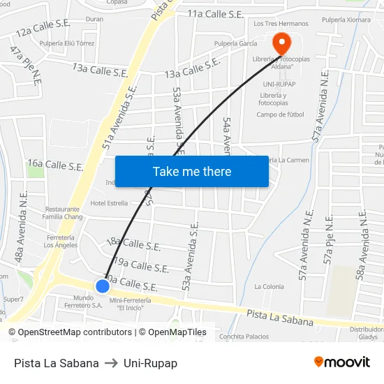 Pista La Sabana to Uni-Rupap map