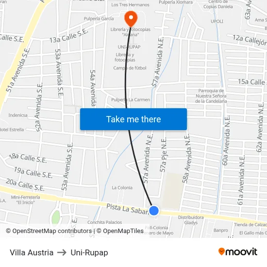 Villa Austria to Uni-Rupap map