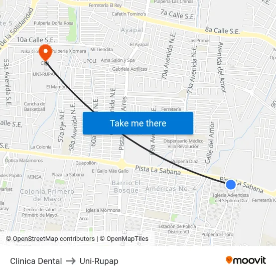 Clinica Dental to Uni-Rupap map