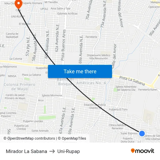 Mirador La Sabana to Uni-Rupap map