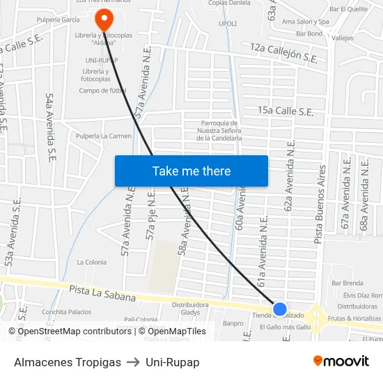 Almacenes Tropigas to Uni-Rupap map