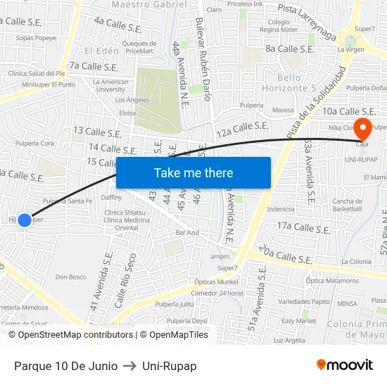 Parque 10 De Junio to Uni-Rupap map