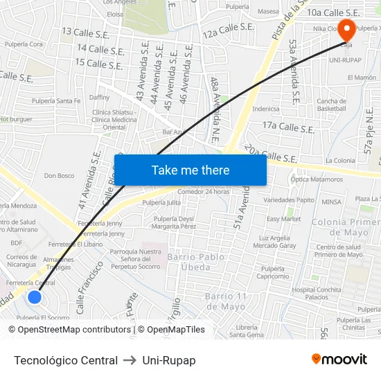 Tecnológico Central to Uni-Rupap map