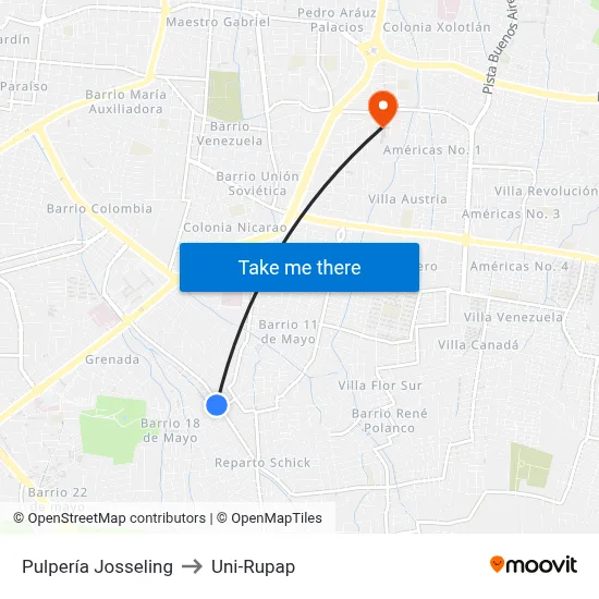 Pulpería Josseling to Uni-Rupap map