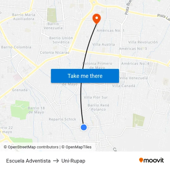 Escuela Adventista to Uni-Rupap map