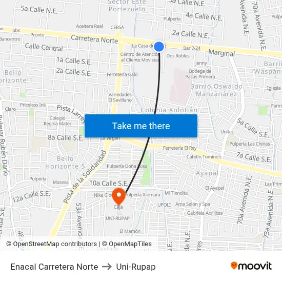 Enacal Carretera Norte to Uni-Rupap map