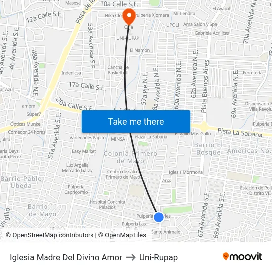 Iglesia Madre Del Divino Amor to Uni-Rupap map