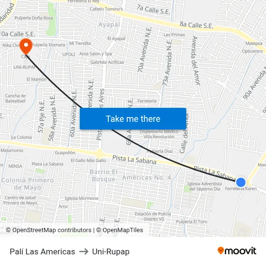 Palí Las Americas to Uni-Rupap map