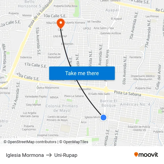 Iglesia Mormona to Uni-Rupap map