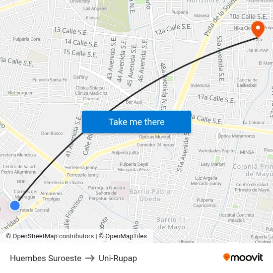 Huembes Suroeste to Uni-Rupap map