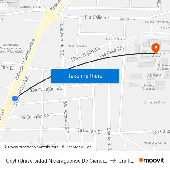 Ucyt (Universidad Nicaragüense De Ciencia Y Tecnología) to Uni-Rupap map