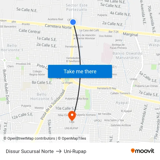 Dissur Sucursal Norte to Uni-Rupap map