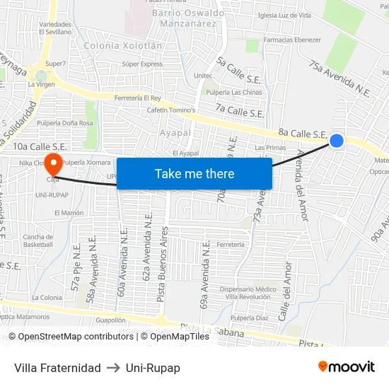 Villa Fraternidad to Uni-Rupap map