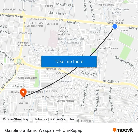 Gasolinera Barrio Waspan to Uni-Rupap map