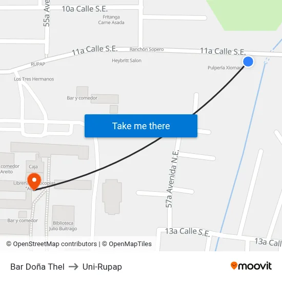 Bar Doña Thel to Uni-Rupap map