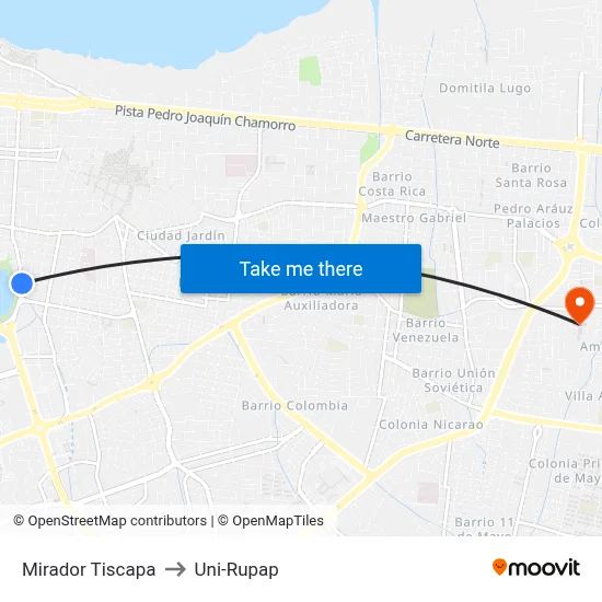 Mirador Tiscapa to Uni-Rupap map