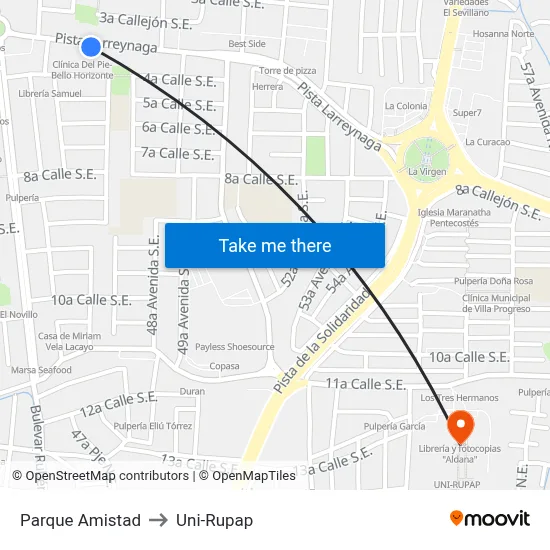 Parque Amistad to Uni-Rupap map