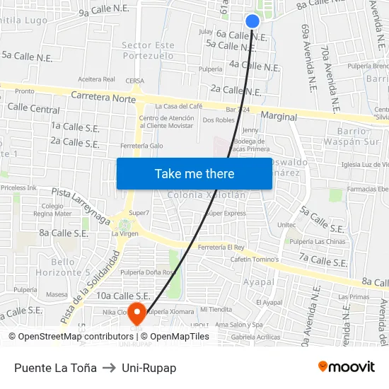Puente La Toña to Uni-Rupap map