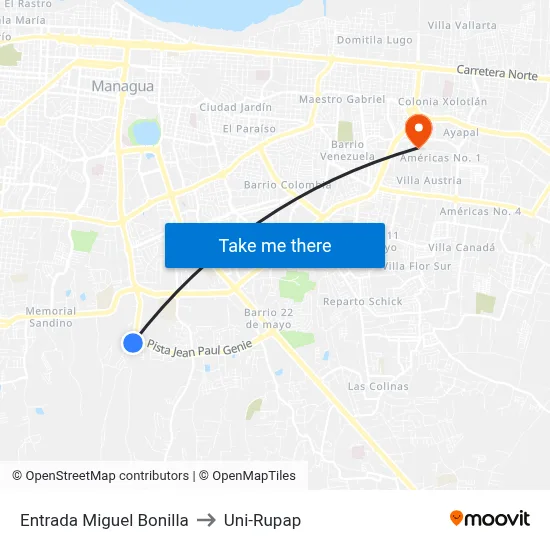 Entrada Miguel Bonilla to Uni-Rupap map