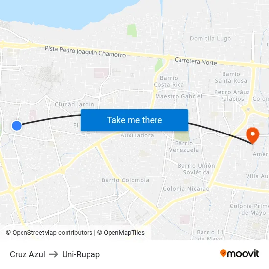 Cruz Azul to Uni-Rupap map
