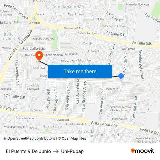 El Puente 9 De Junio to Uni-Rupap map