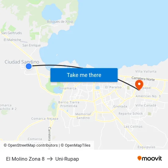 El Molino Zona 8 to Uni-Rupap map