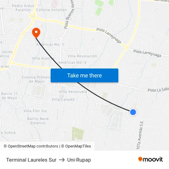 Terminal Laureles Sur to Uni-Rupap map