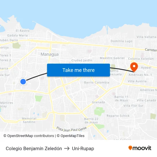 Colegio Benjamín Zeledón to Uni-Rupap map