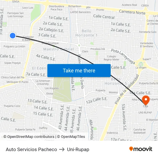 Auto Servicios Pacheco to Uni-Rupap map