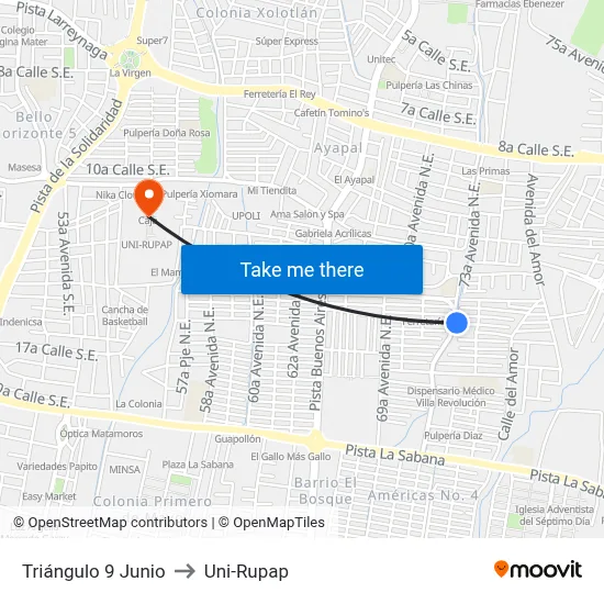 Triángulo 9 Junio to Uni-Rupap map