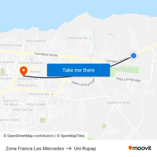 Zona Franca Las Mercedes to Uni-Rupap map