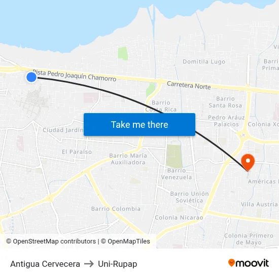 Antigua Cervecera to Uni-Rupap map