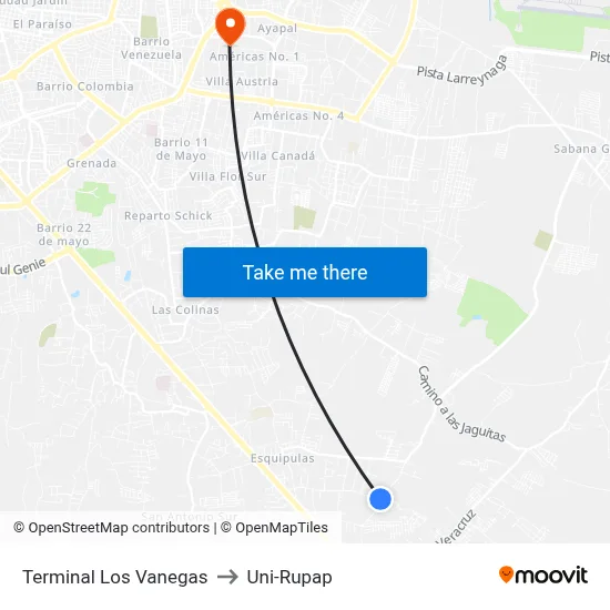 Terminal Los Vanegas to Uni-Rupap map
