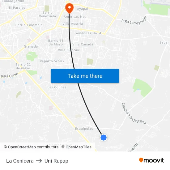 La Cenicera to Uni-Rupap map