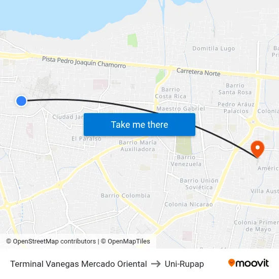 Terminal Vanegas Mercado Oriental to Uni-Rupap map