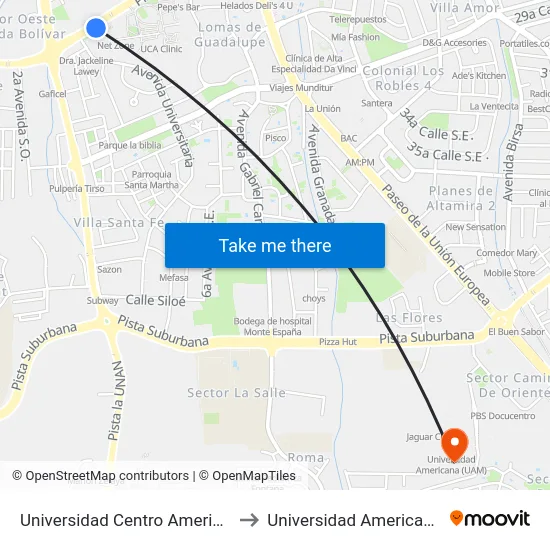 Universidad Centro Americana (Uca) to Universidad Americana (Uam) map