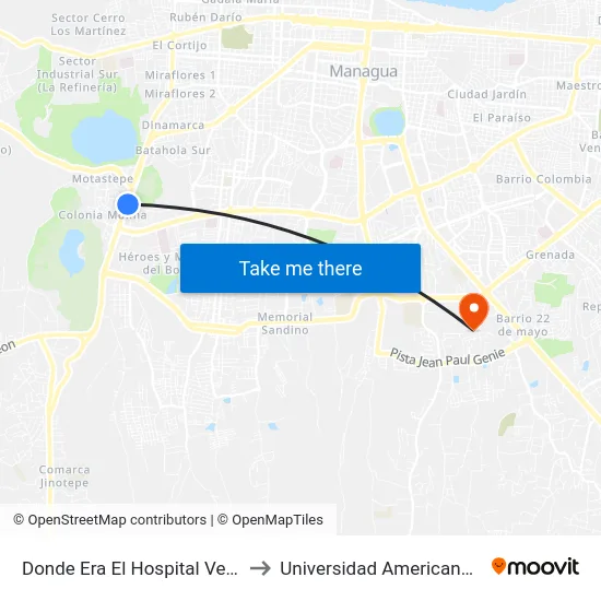 Donde Era El Hospital Velez Paiz to Universidad Americana (Uam) map