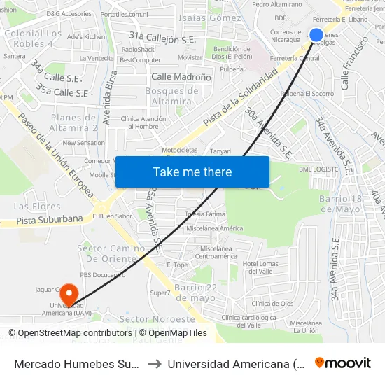 Mercado Humebes Sureste to Universidad Americana (Uam) map