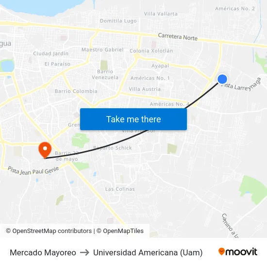 Mercado Mayoreo to Universidad Americana (Uam) map