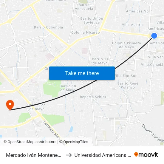 Mercado Iván Montenegro Sur to Universidad Americana (Uam) map